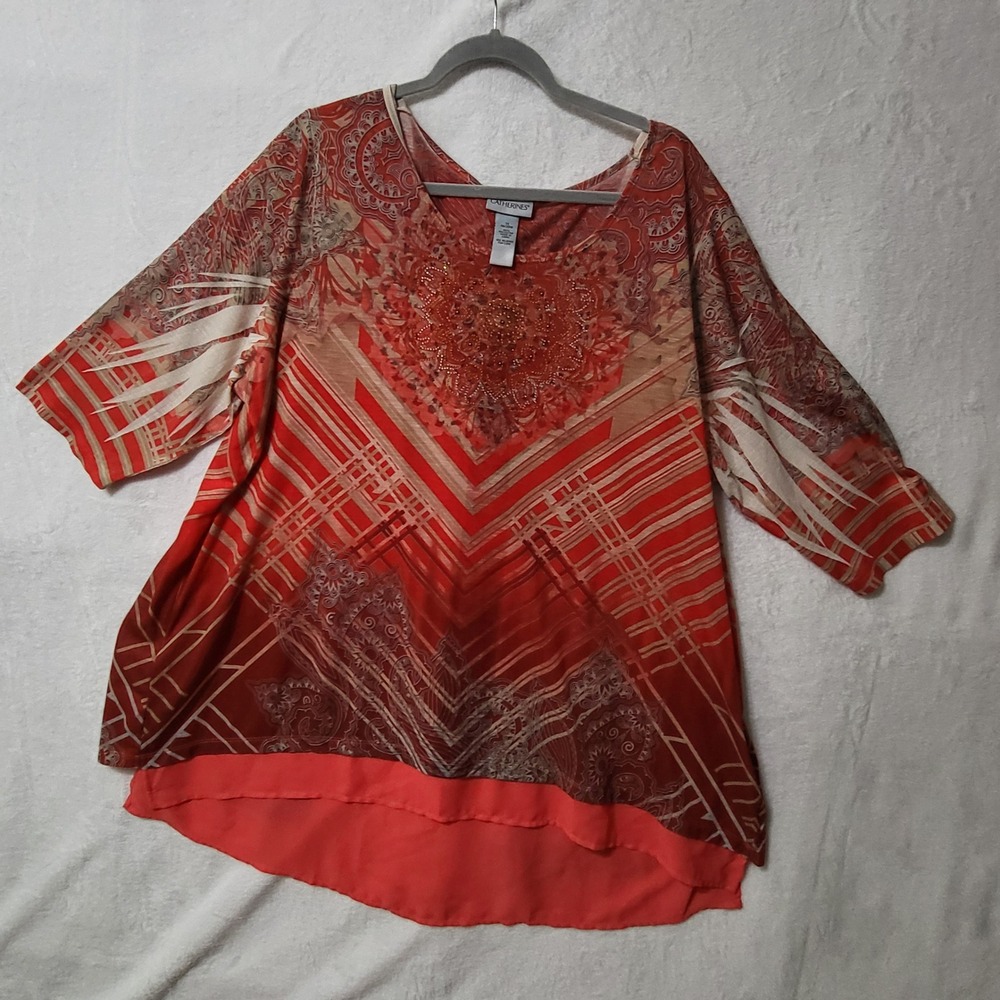 Catherines Tunic Top Beaded Embellished Paisley Print Blouse 1X 18/20W‎